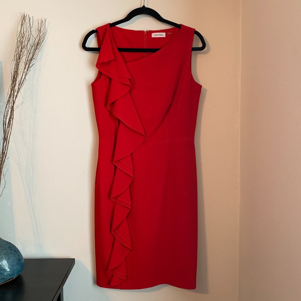 Calvin Klein Red Ruffle Sheath Dress